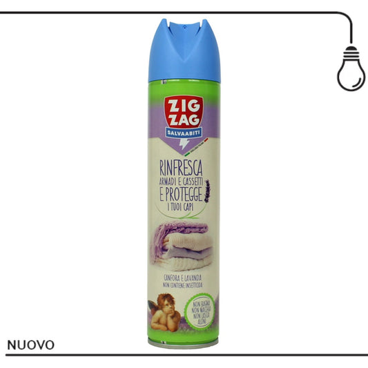 ZIG ZAG SALVA ABITI SPRAY CANFORA e LAVANDA PER ARMADI, CASSETTI E CAPI PROTEGGE RINFRESCA E PROFUMA 300 ML