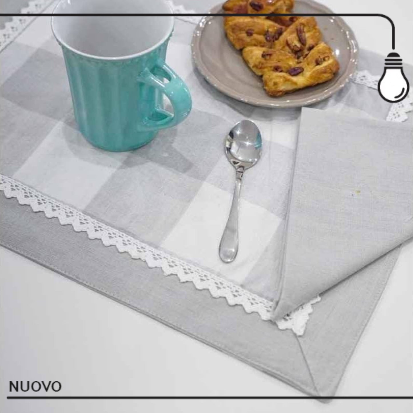 Tovaglietta Colazione Con Tovagliolo Linea Queen a Quadri Con Merletto